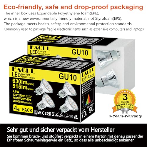 EACLL GU10 LED, Warm White, 4.9 W, Replaces 70 W Halogen Bulbs, Pack of 4, 515 Lumens 2700K Bulbs, AC 230 V, Flicker-Free Spotlight, Beam Angle 120°, Non-Dimmable Reflector Lamps