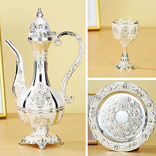 Turkish Tea Set for 6 including tea pot,Tea Tray and Metal Cups,Silver