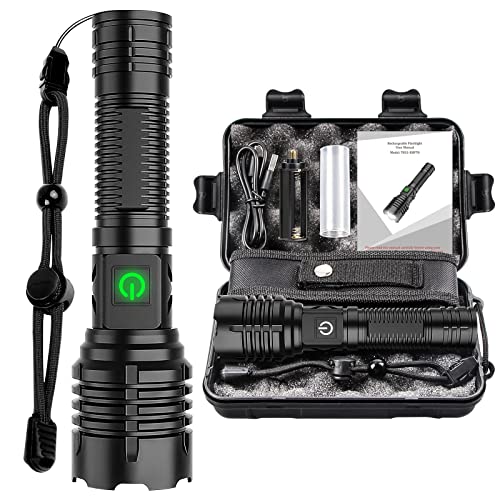 Rechargeable LED Flashlights High Lumens, Super Bright 10000 Lumen XHP70 Tactical Flashlight,5 Modes Best Flashlight for Camping,Zoomable, IP65 Waterproof,Emergency Flashlights [Battery not Included]