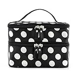 Tinsky Portable Polka Dots Pattern Women's Double-Layer Dual Zipper Cosmetic Bag Toiletry Bag Handbag (Black+White)
