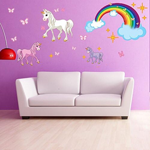Kids Girls Pink Purple White Unicorn Wall Decals, Animal Themed Wall Stickers Peel Stick, Fun Rainbow Butterflies Stars Clouds Cute Adorable Decorative Graphic Mural Art, Vinyl