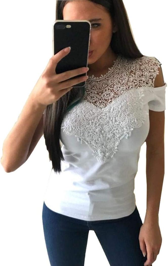 Camicia Crop Top In Pizzo Trasparente Donna | Manica Corta, Scollo Rotondo, Floreale, Vestibilità Slim, Bianco/Nero