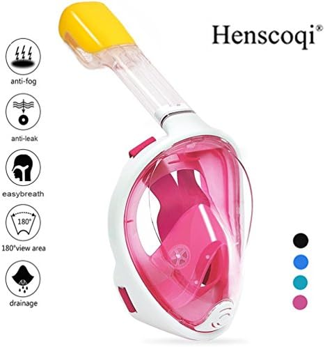 Henscoqi 180° Full Face Snorkel Mask,Anti-Fog and Anti-Leak Design/Adjustable Head Straps/Free Breathing Tubeless Design/Prevents Gag Reflex,See More with Larger Viewing Area (Old Version Pink, L/XL)