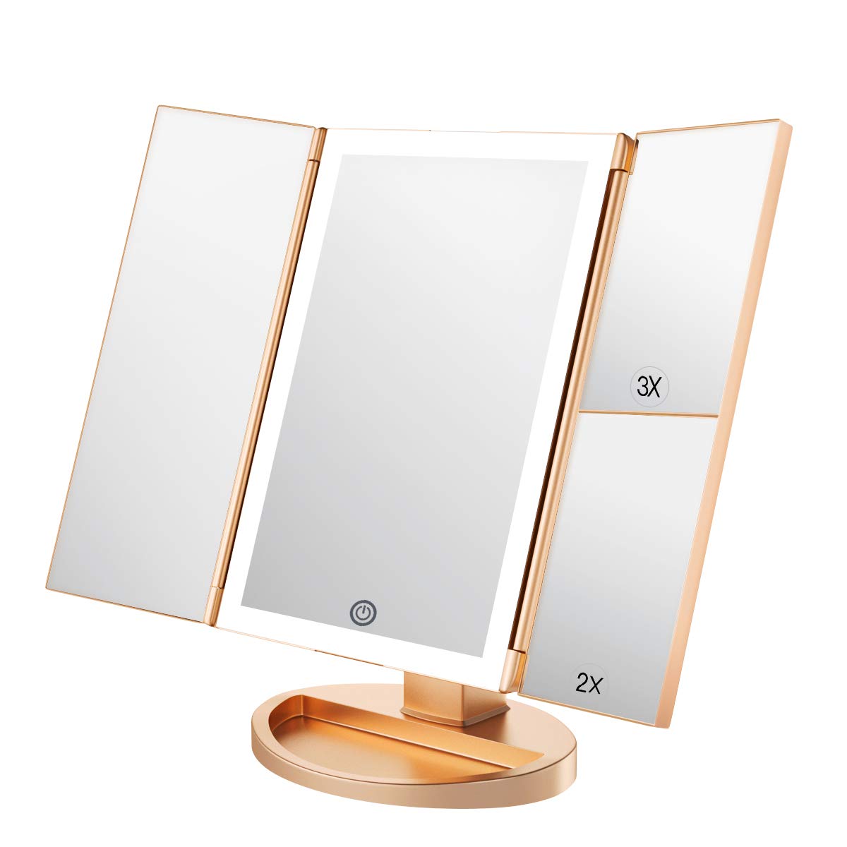 WEILY Lighted Vanity Makeup Mirror 1x/2x/3x Magnification Trifold 36 LED Lights Touch Screen USB charging, 180 Degree Adjustable Stand Countertop Cosmetic Makeup Mirror(Gold)
