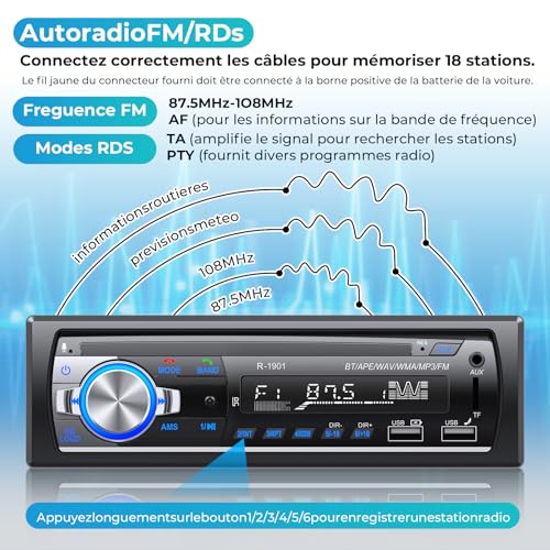 RDS Bluetooth Car Radio, CENXINY Bluetooth Car Radio, FM Car Radio, 1 DIN, 2USB, Charge 2.1 A, Aux-in, Micro SD Support iOS, Android