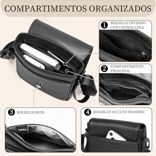 Eshow Genuine Leather Crossbody Bags for Men, RFID Blocking Anti-Theft Bag for Work University Business Travel and Urban Commuting, Black/White, Formal | Bolso Antirrobo para Trabajo Universidad Negocio Viajes y Desplazamientos Urbanos