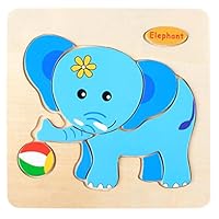 Roysberry Toys - Wooden Educational Preschool Toys Elephant 3D Puzzle Shape Color Recognition Geometric Board Block Alphabet Puzzles Toys - Birthday Gift Toy Jigsaw Puzzles for Kids Ages 4-8 (Blue)