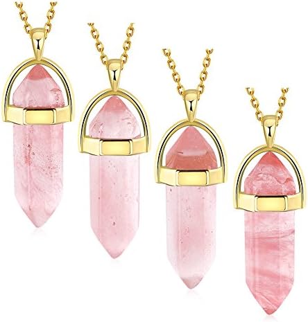 Bullet Shape Gemstone Pendants Necklaces Crystal Natural Quartz Stone Hexagonal Chain Necklace Fashion Jewelry Sets (Pink)