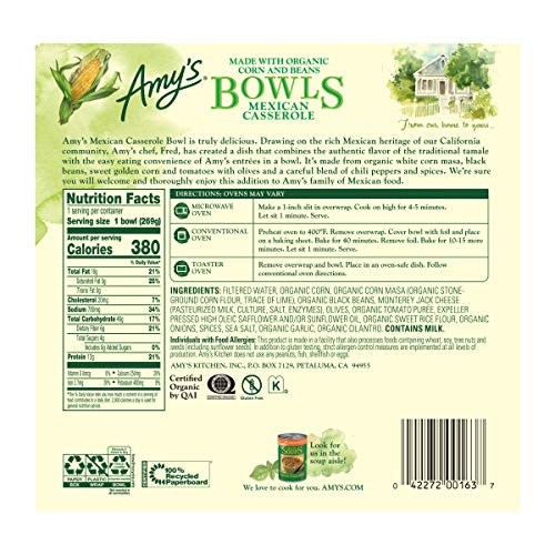 Amy's Frozen Meals, Mexican Casserole Bowl, Made with Organic Tomatoes