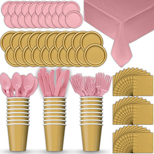 Paper tableware set for 24 - gold & light pink - dinner and d…