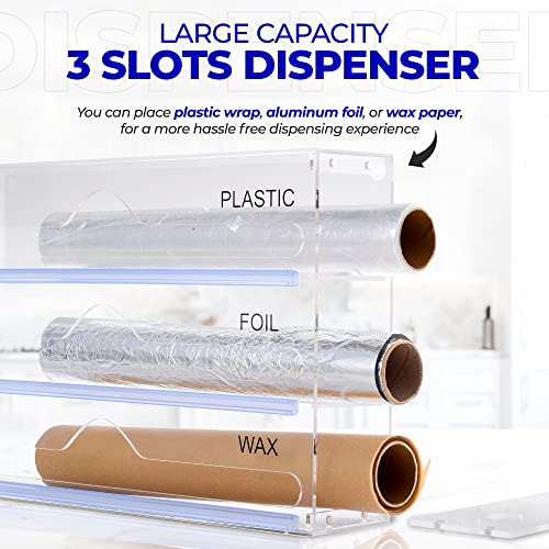 YOC Wrap Dispenser, Clear Acrylic Foil, Wax Organizer with Slide Cutter, Suitable for Wall Mounting or Kitchen Drawer, Compatible with 12 Inch Rolls (3 in 1 Wrap Dispenser)