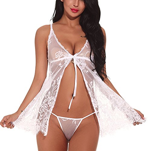 ✔ Hypothesis_X ☎ Women's Babydoll Lingerie Sexy Bridal Lace Nightgowns Sheer Chemise Boudoir Nighty White