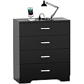 FJTJBSI Dresser with Power Outlets Wooden 4 Drawer Dresser with USB and Type C Port Chest of Drawers for Bedroom Tall Black Organizer Storage for Living Room Hallway Closet