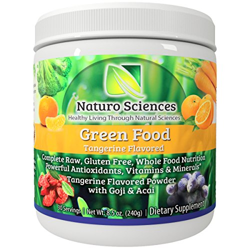Natural Greens Food By Naturo Sciences - Complete Raw Whole Green Food Nutrition with Super Powerful Antioxidants, Vitamins, Minerals with Goji and Acai - Tangerine Flavor 8.5oz (240g) 30 Servings