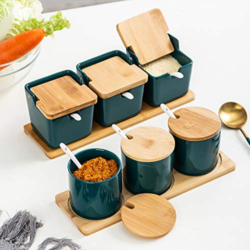CP- Porcelain Condiment Jar Spice Container with Lids Bamboo Cap