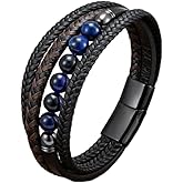 VA JENT Mens Bracelet Tiger Eye Bead and Multi-Layer Braided Leather Bangles Stainless Steel Clasp Cuff Bracelets Gift for Men Him
