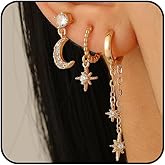 3Pcs Gold Crystal Moon Star Earrings Set for Women Dainty Silver Stars Chain Pierced Earring Stack Three Holes Earrings Prom Jewelry Accessories