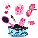 EXERCISE N PLAY 10 PCS Hot Pink Deluxe Pretend Makeup Play Kit for Kids with Blue Sequin Portable Cosmetic Bag Toddlers Cosmetic Pretend Beauty Set Girls Fun Play Purse Toy Accessory