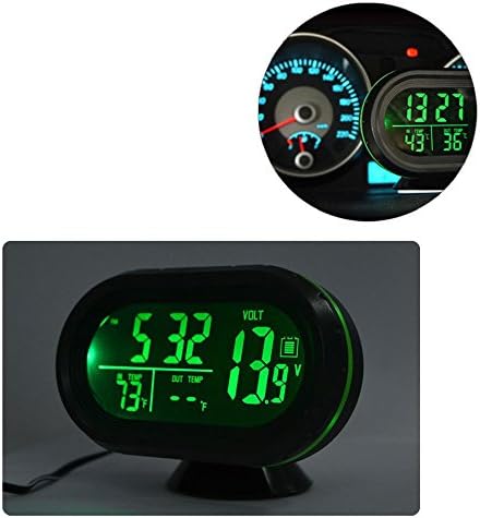 Car Clock, LED Lighted Digital Car Clock Thermometer Auto Dual Temperature Gauge Voltmeter Voltage Tester DC 12-24V, Green