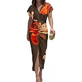 CHICME Summer Dresses for Women Floral Print Plunge V Neck Midi Dress Casual Ruched Slit Bodycon Party Dress