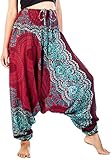 Lofbaz Women's Smocked Waist Rose Pattern 2 in 1 Harem Pants Jumpsuit Burgundy M
