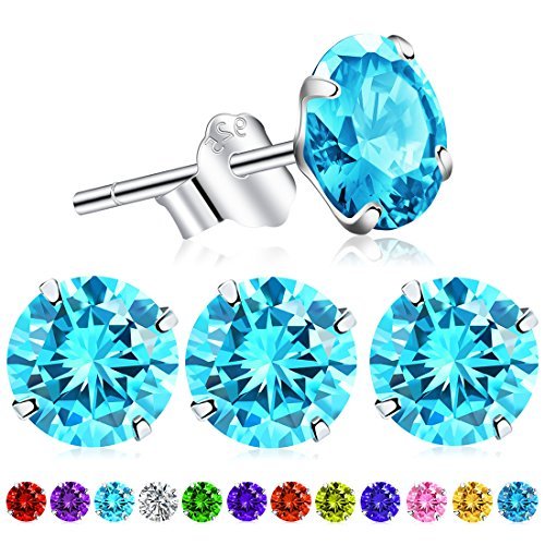 2pcs March Birthstone Stud Earrings, Swarovski Element AAA Cubic Zirconia S925 Stamp Sterling Silver Earrings for Women Girls (Aquamarine)