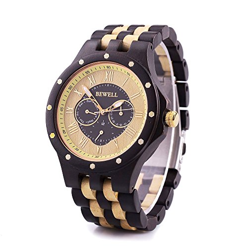 BEWELL Wood Watches for Men, Wrist Watches with Calendar Luminous Hands Watches