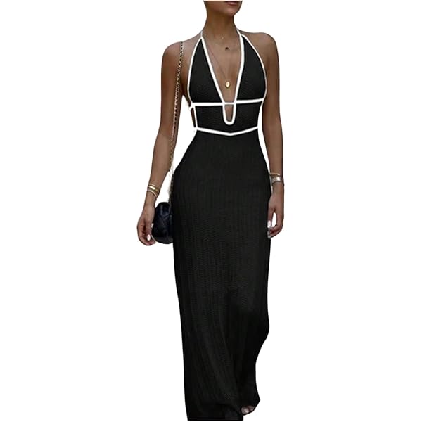 Amazon.com: GORGLITTER Women's Crochet Dress Halter Backless Bodycon Deep V  Neck Long Knit Maxi Dresses Summer Beach Outfits 2026 Green X-Small :  Clothing, Shoes & Jewelry