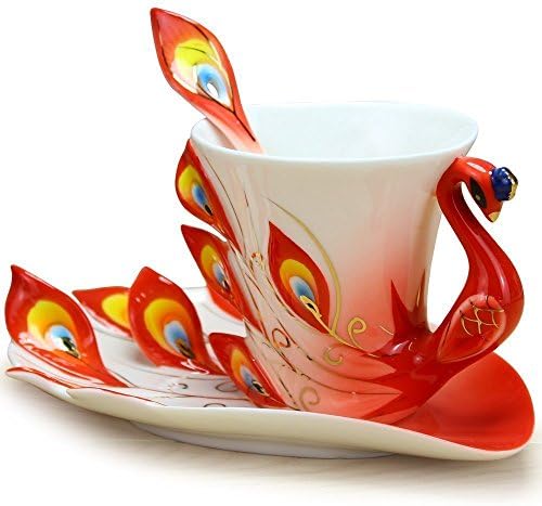 Porcelain Enamel Peacock Coffee/Tea Cup Set of 2 with Saucer and Spoon (Red)