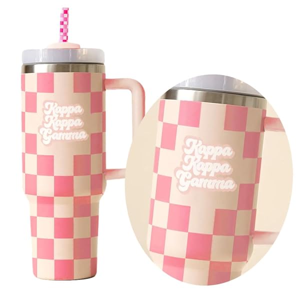 THE DARLING EFFECT PI BETA PHI 40OZ TUMBLER WITH HANDLE & 4 MATCHING STRAWS – PINK CHECKERED STAINLESS STEEL TRAVEL CUP WITH LID – SORORITY GIFT FOR SISTERS