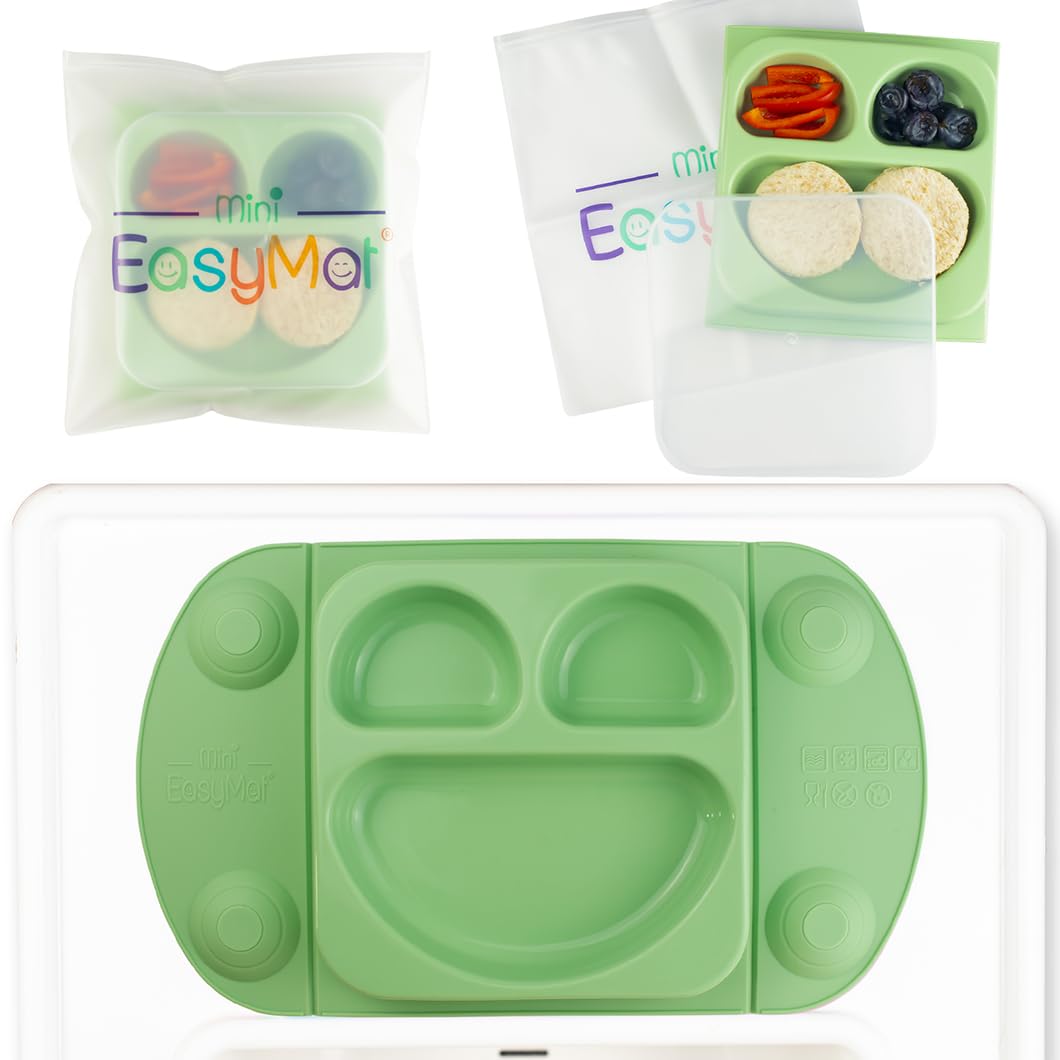 EasyMat Mini Portable Silicone Baby Suction Plate by EasyTots | Lid and Carry Case Included | Travel Friendly | Perfect Placemat for High Chair Feeding & Baby Led Weaning (Sage) — image 1