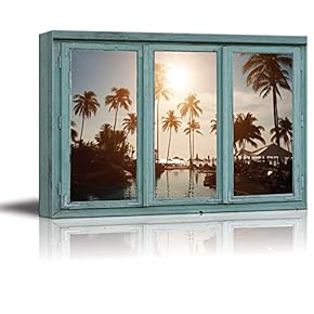 Island Resort Pool Complete with Palm Trees and Setting Sun - Canvas Art Home Art - 24x36 inches