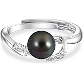 KANNSOAR Tahitian Black Pearl Ring Adjustable 18K White Gold Plated 925 Sterling Silver Black Pearl Jewelry Gift for Women Her