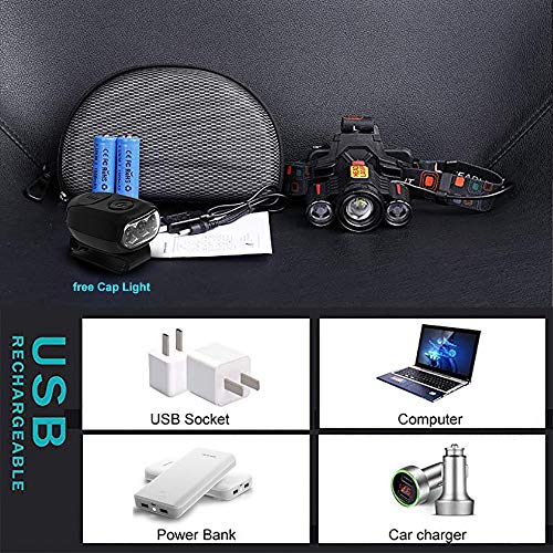Zoomable Headlamp Flashlight, 18650x2 USB Rechargeable Battery Headlamp-6000 Lumen Brightest 3 LED Lamps Work Headlight, 4 Lighting Modes IP54 Waterproof Headlamp for Camping, Hiking, Hunting Outdoors