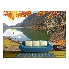 Panoramic View to Idyllic Autumnal Lake Sylvenstein, Germany - Removable Wall Mural | Self-Adhesive Large Wallpaper - 66x96 inches