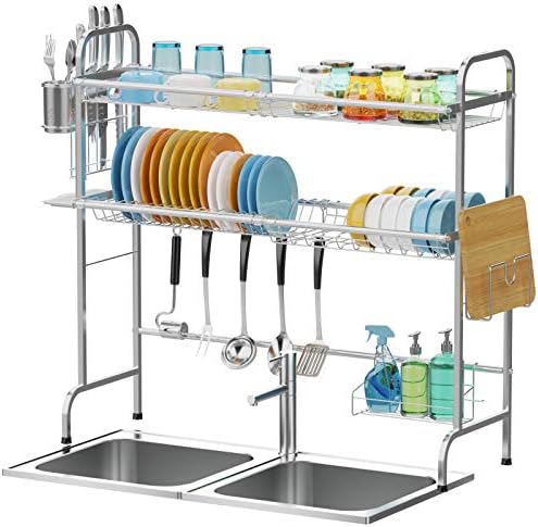Cambond シンク上食器乾燥ラック 2段 大皿水切り棚 プレミアム 1 ステンレススチール 食器棚 台所カウンター用 食器ホルダー付き シルバー