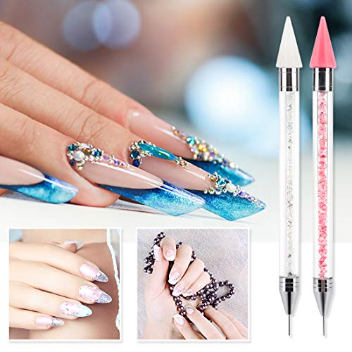 Dual-Ended Nail Rhinestone Picker Wax Silicone Tip Pencil Pick Up Applicator Dual Tips Dotting Pen Beads Gems Crystals Studs Picker With Acrylic Handle Manicure Nail Art Tool Black