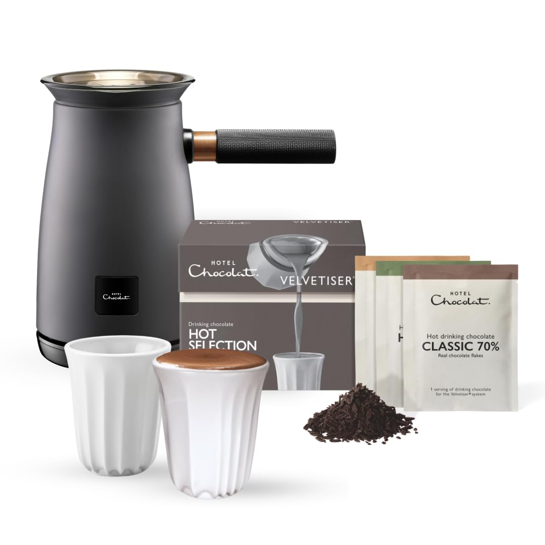 Hotel Chocolat Velvetiser - In-Home Hot Chocolate Machine - Barista-Grade Hot Chocolate Maker - Charcoal Edition - Complete Starter Kit - 2 Ceramic Podcups & 10 Single-Serve Sachets