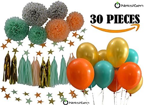 Mint Peach Gold Tissue Paper Pom Poms Polka Dot Pom Poms Tassels Star Garlands Balloons for Baby Shower Decorations Birthday Baby Nursery Wedding Bridal Shower 30 piece colorful set Party Decorations