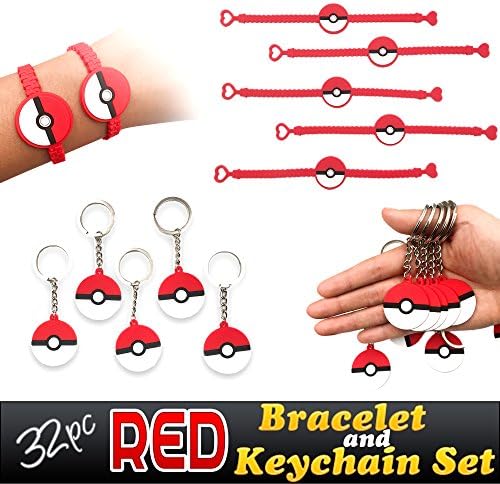 Red Novelty Prize Bracelets and Party Keychains Favors for Childrens Birthday Supplies Goody Bags, 32pcs Set