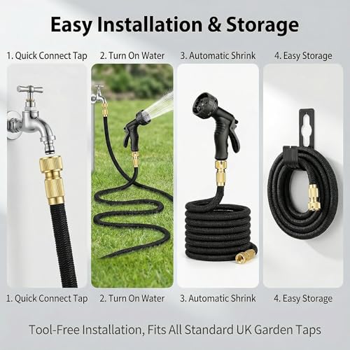 Expandable Garden Hose, Upgraded 3-Layer Natural Latex No-Kink Flexible Water Hose with 10-Pattern Spray Nozzle, Solid Brass Connectors – for Garden Watering, Car Wash, Pet Bathing (100ft)