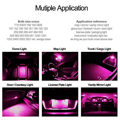 DODOFUN T10 Ceramics Interior Exterior Bright LED Light 168 175 194 2825 W5W Size Bulb Pink Color (Pack of 10)