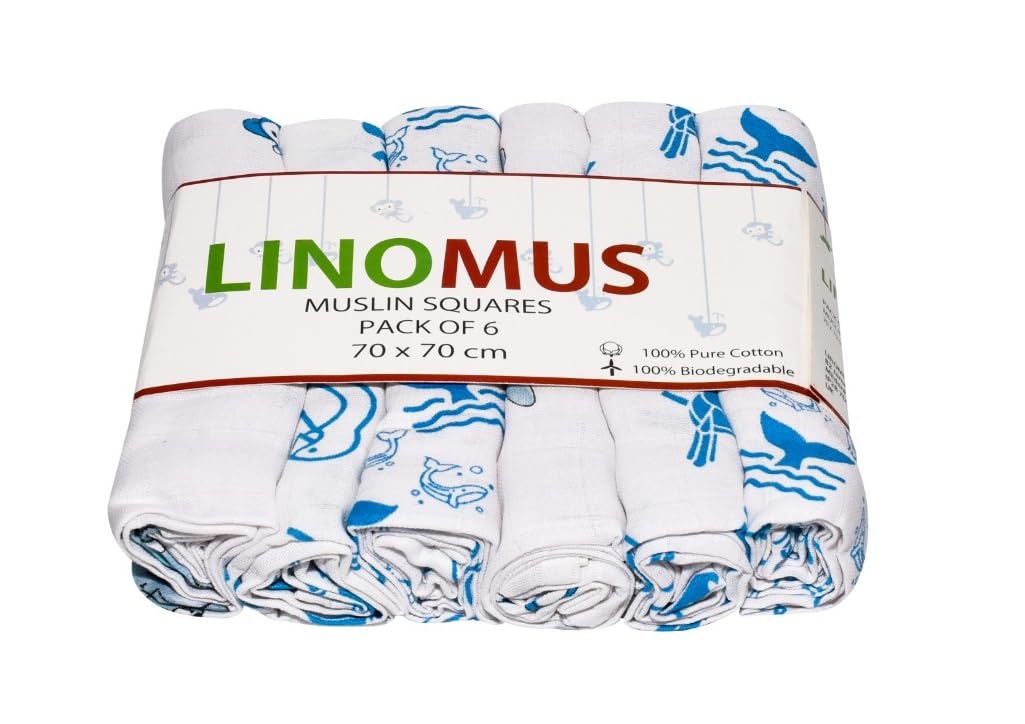 Linomus Muslin Cloths for Baby Pack of 6 (70 x 70 cm) - Soft, Absorbent & Breathable 100% Pure Cotton Burp Cloths - Ideal to Clean, Wipe & Cover Newborns - Light & Dark Blue Animals Theme