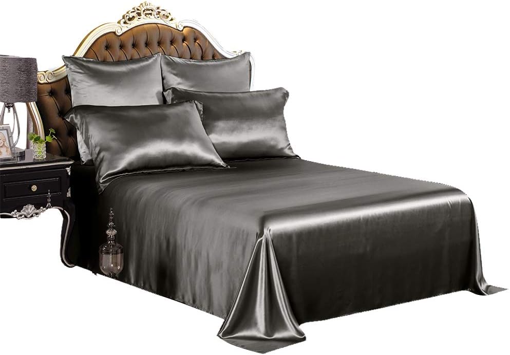 THXSILK Silk Sheets Queen Size, 19 Momme 100% Mulberry Silk Bedding Sets, 4 Pcs Seamless Flat Fitted Sheet Pillowcase Set – Soft, Lightweight, Machine Washable - Charcoal, Queen
