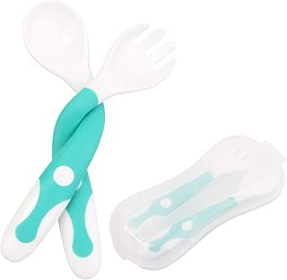 Qshare Baby Utensilien Löffel mit Reisekoffer, Löffel Gabel Set für Kleinkind Babys Kinde, Griff HitzebestäNdig Biegsamen Weich, perfekte selbstlernende Lernlöffel (1 Löffel 1 Gabel)