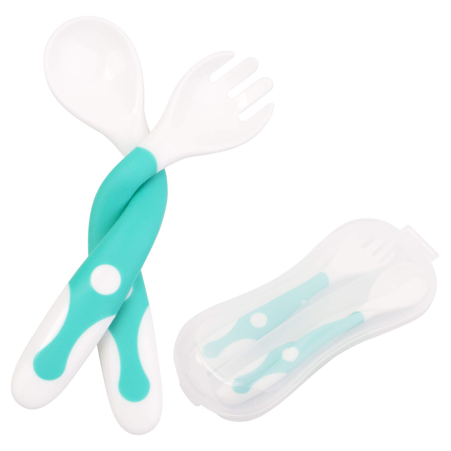 Qshare Baby Utensilien Löffel mit Reisekoffer, Löffel Gabel Set für Kleinkind Babys Kinde, Griff HitzebestäNdig Biegsamen Weich, perfekte selbstlernende Lernlöffel (1 Löffel 1 Gabel)