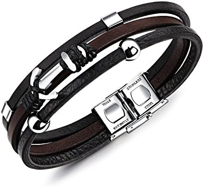 Elcer Nautical Leather Bracelet Stainless Steel Multistrand Anchor for Men Black Brown Magnetic Clasp