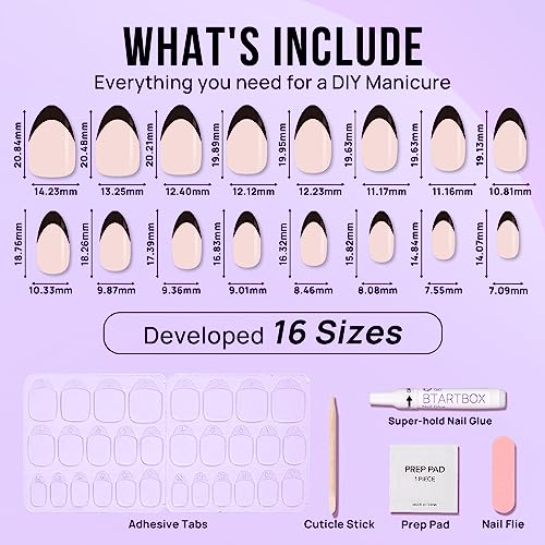 BTArtbox French Tip Press On Nails Almond - Black Press on Nails Short, Glue On Nails for Women Gift, Supremely Fit Natural Reusable Stick On Nails in 16 Sizes - 30 Fake Nails Kit, Black French - Image 5
