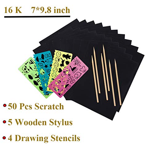 STKYGOOD Rainbow Scratch Paper Scratch Art Paper 50 Pcs Rainbow Sketch Pad Black Doodle Pad Scratch Painting with 5 Wooden Stylus 4 Drawing Molds
