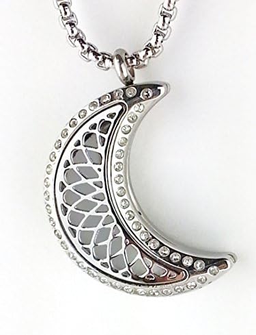 Stainless Steel Crescent Moon Essential Oil Diffuser Aromatherapy Necklace with magnetic closure and 24 inch chain.